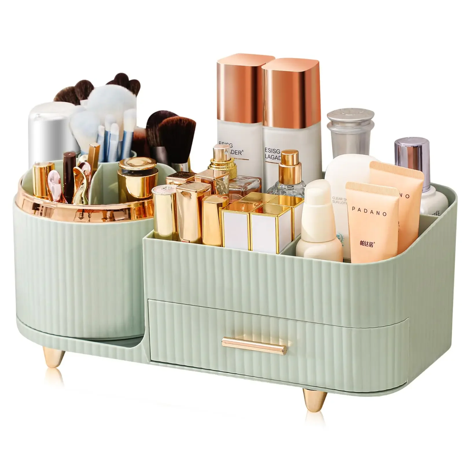 Skincare B Erl - ที่ใส่แปรงแต่งหน้า ความจุขนาดใหญ่ ที่จัดระเบียบผลิตภัณฑ์บำรุงผิว ที่จัดระเบียบเครื่องสำอางแบบตั้งโต๊ะพร้อมลิ้นชัก หมุนได้ 360