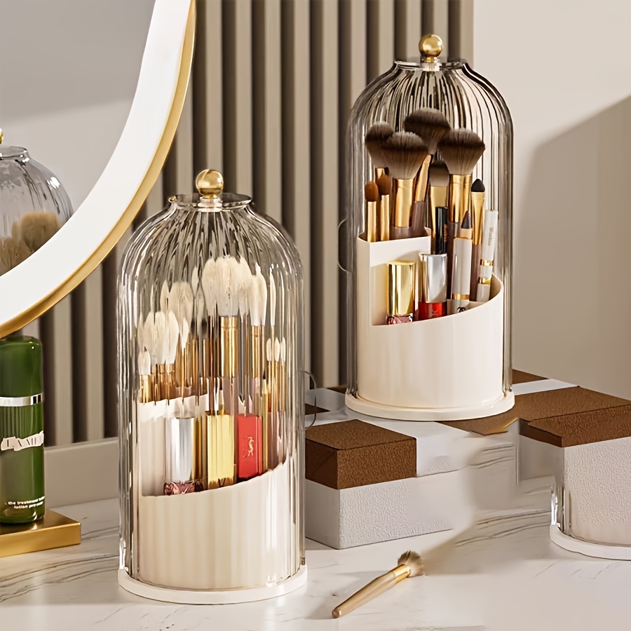 Skincare B Erl - ชุด 5 ชิ้น, ชั้นวางเก็บของกันฝุ่นแบบหมุนได้ 360 องศาพร้อมฝาปิดลายเส้นแนวตั้งแบบโปร่งใส,