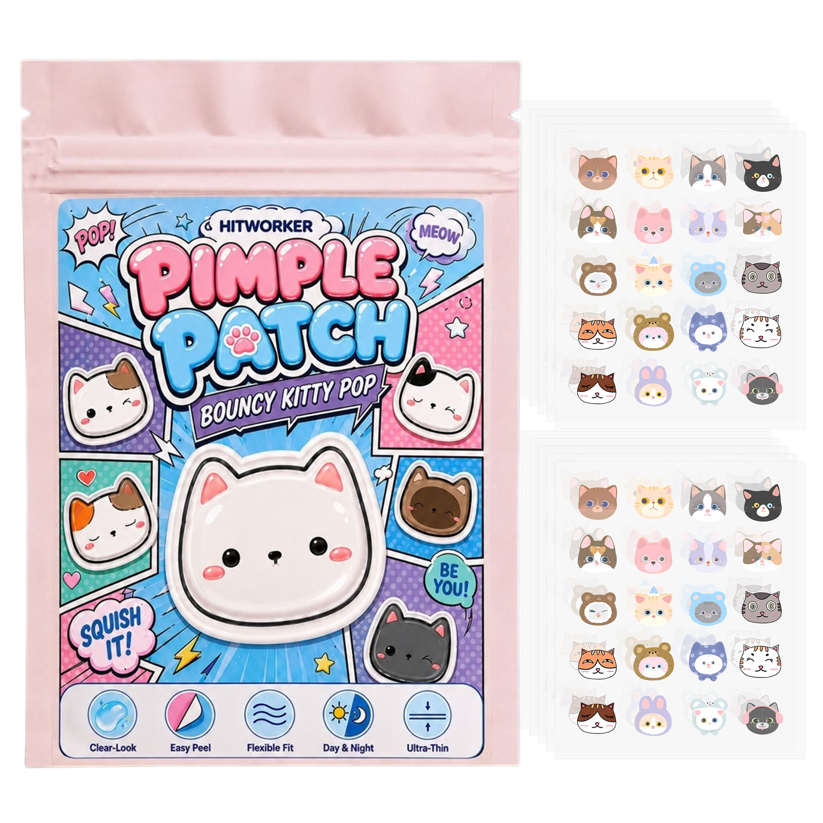 Hydrocolloid Acne Patch - แผ่นปิดสิวรูปแมวน่ารัก 100 ชิ้น, สติกเกอร์ปิดสิวแบบไฮโดรคอลลอยด์, แผ่นปิดหน้าบางพิเศษ ลอกออกง่าย