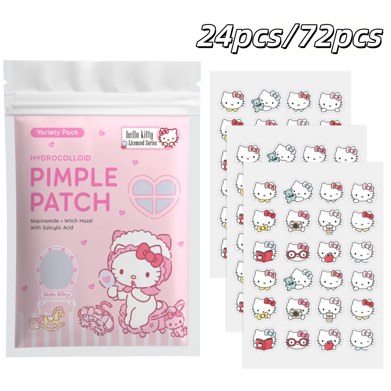 Hydrocolloid Acne Patch - แผ่นแปะสิวไฮโดรคอลลอยด์ลายเฮลโล คิตตี้ 24/72 ชิ้น, สติ๊กเกอร์ปิดสิวลายการ์ตูนน่ารัก, ชุดแพ็คหลากหลายแบบ